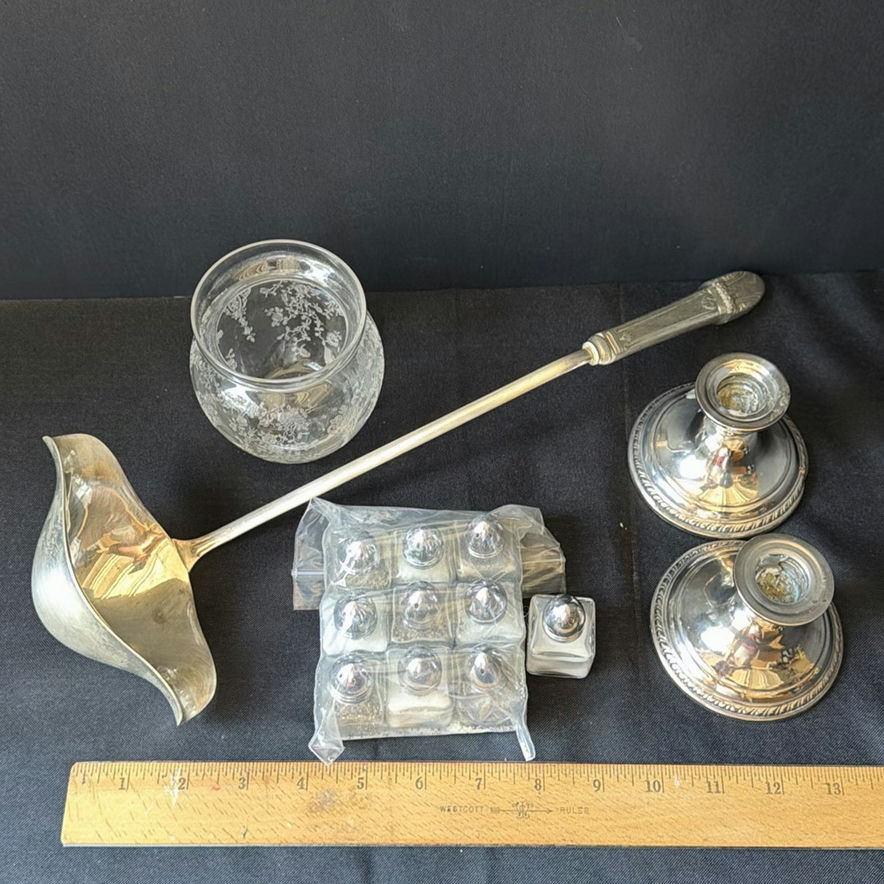 Silver-plated candle holders, glass jar, long-handled scoop, and assorted metalware - image 3 of 3