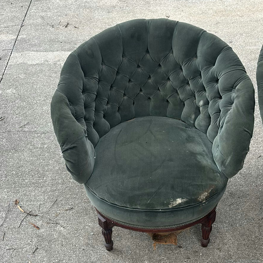 Pair of Green Tufted Upholstered Barrel Chairs and Green Tufted loveseat - image 7 of 10