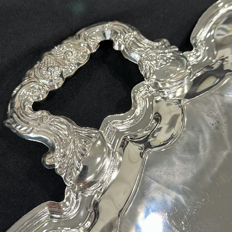 Ornate Silver-Tone Serving Tray with Handles - image 4 of 6