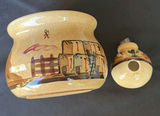 Ceramic lidded jar with hand-painted desert scene and mini fountain instructions - thumbnail 1 of 4