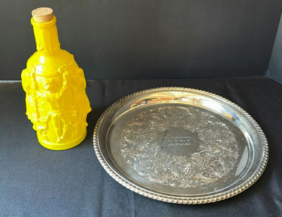 Yellow embossed decanter bottle and ornate silver tray - Image 1 of 5