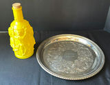 Yellow embossed decanter bottle and ornate silver tray - thumbnail 1 of 5