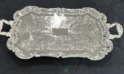 Ornate Silver-Tone Serving Tray with Handles - Image 1 of 6
