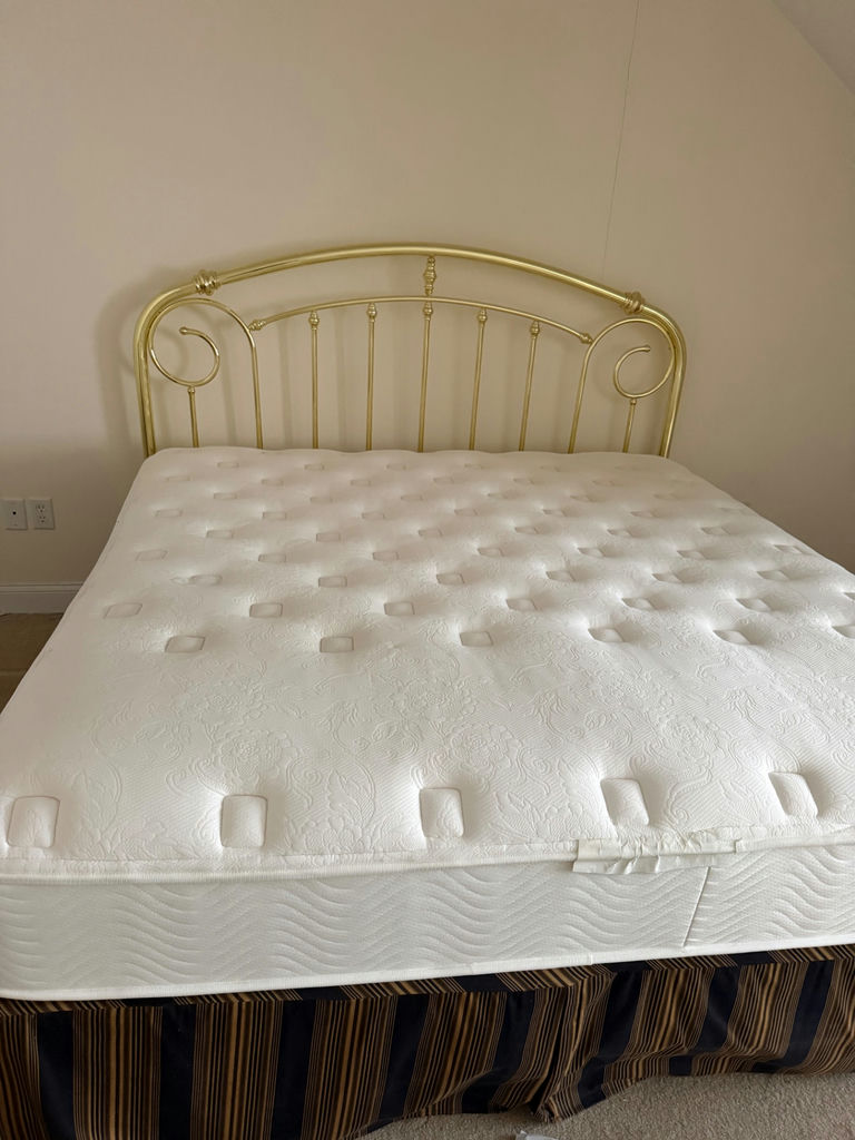 King size Gold metal bed frame with white mattress - image 1 of 3