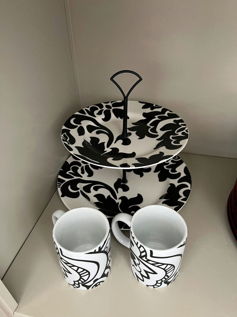 Two-tier serving stand with black-and-white damask plates and matching mugs, plus stack of decorative plates - image 3 of 3