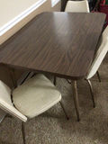 Dark wood dining table with beige upholstered chairs - thumbnail 1 of 4