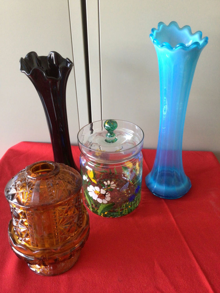 Colored glass vases and floral lidded jar - image 2 of 2