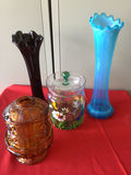 Colored glass vases and floral lidded jar - thumbnail 2 of 2