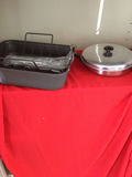 Rectangular broiler pan with rack, round egg poacher insert, and metal lid - thumbnail 1 of 4