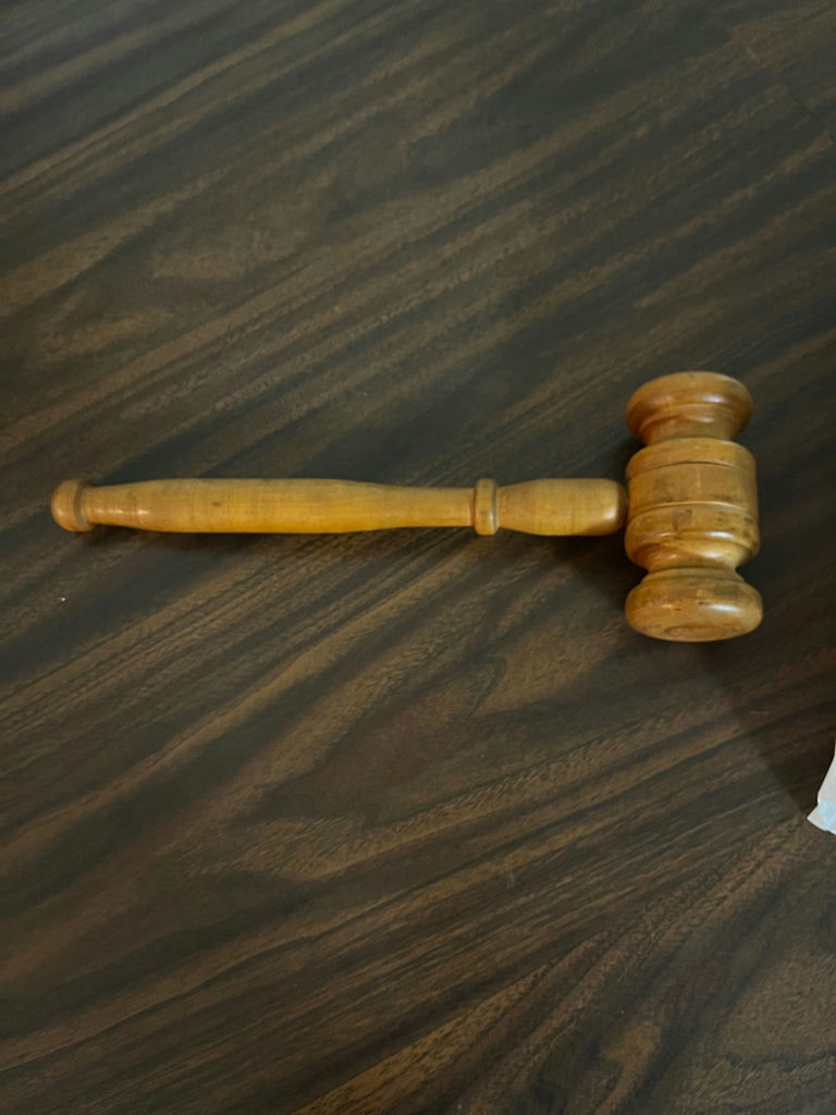 Duck decoy, knitted bird, ship sculptures, and wooden gavel - image 5 of 5