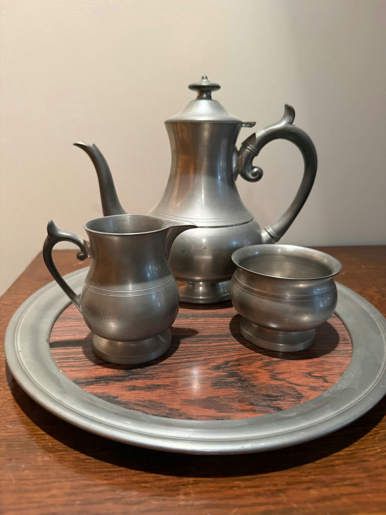 Pewter tea service with teapot, creamer, and sugar bowl - image 1 of 3