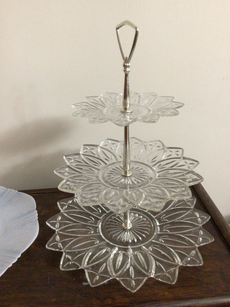 Three-tier glass cake stand with matching frosted plate - image 3 of 3