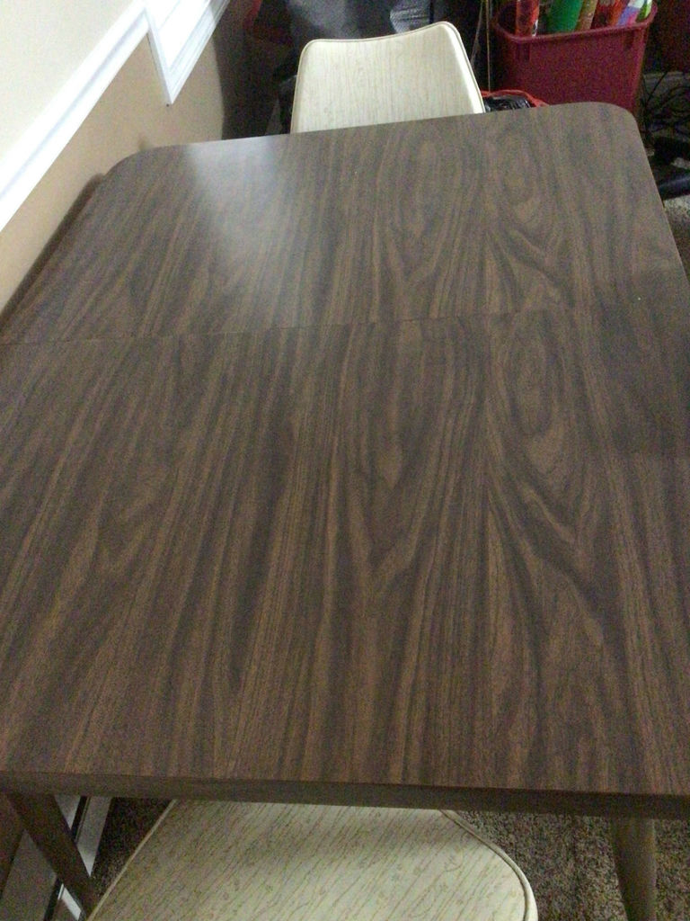Dark wood dining table with beige upholstered chairs - image 3 of 4