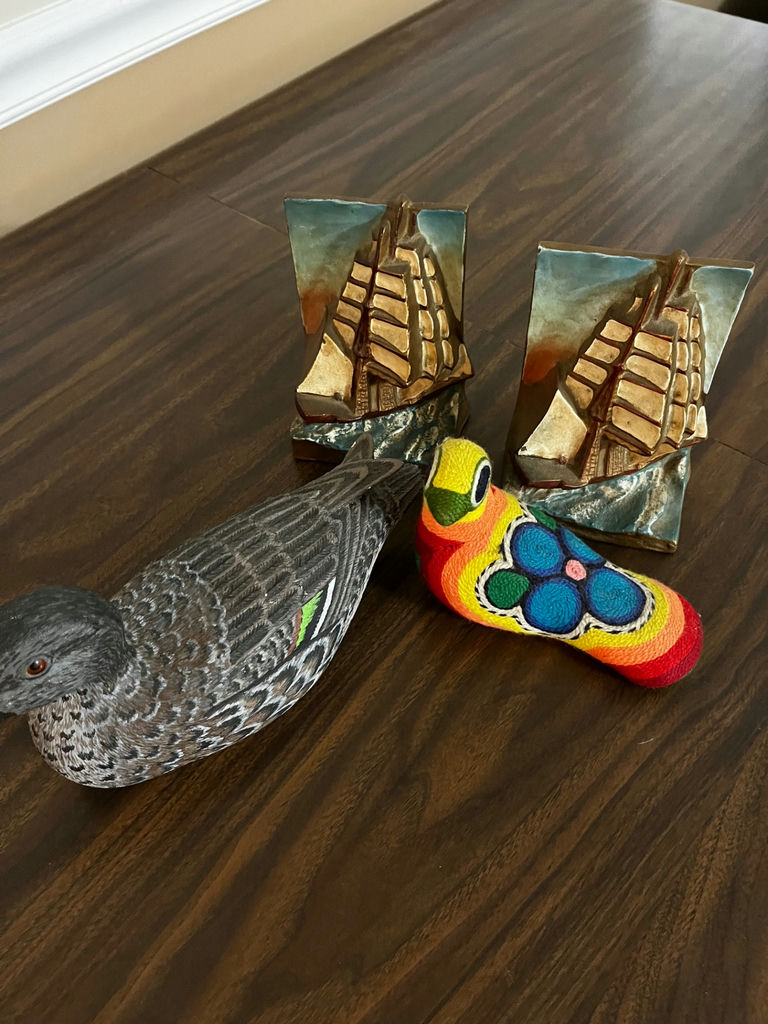 Duck decoy, knitted bird, ship sculptures, and wooden gavel - image 2 of 5