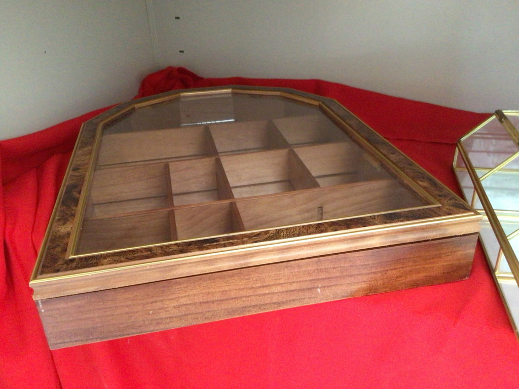 Brass-framed glass display cases with a wooden display box - image 2 of 4