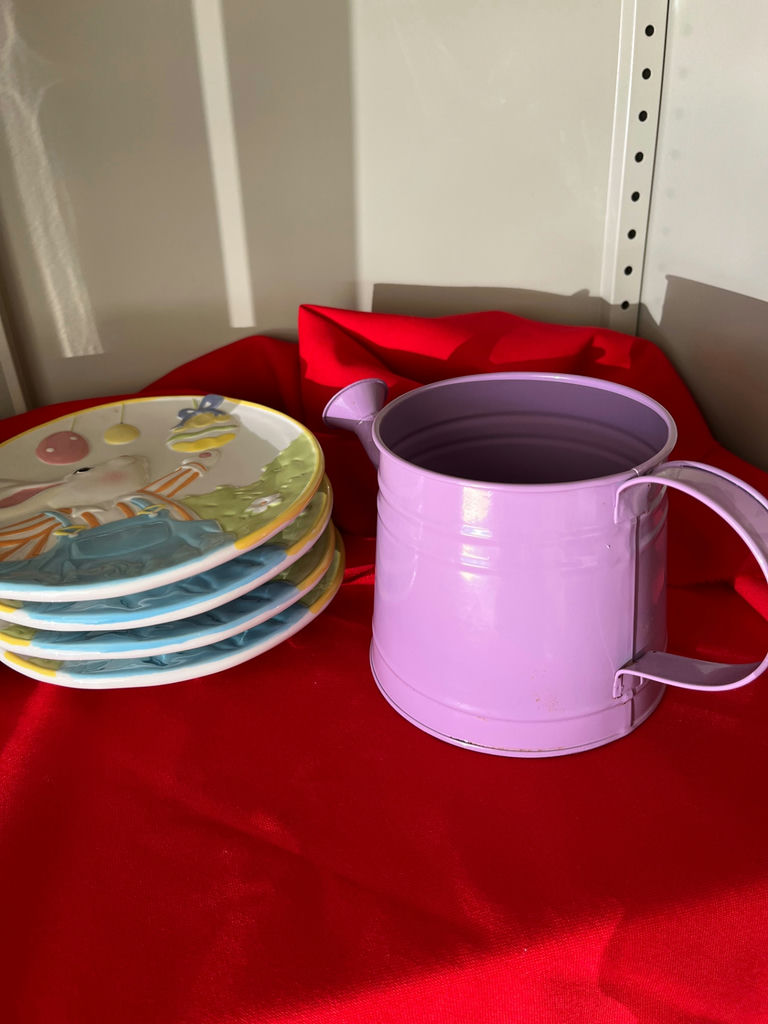 Colorful Spring dinnerware set with plates, bowls, ramekins, muffin cups and a metal pitcher - image 3 of 5