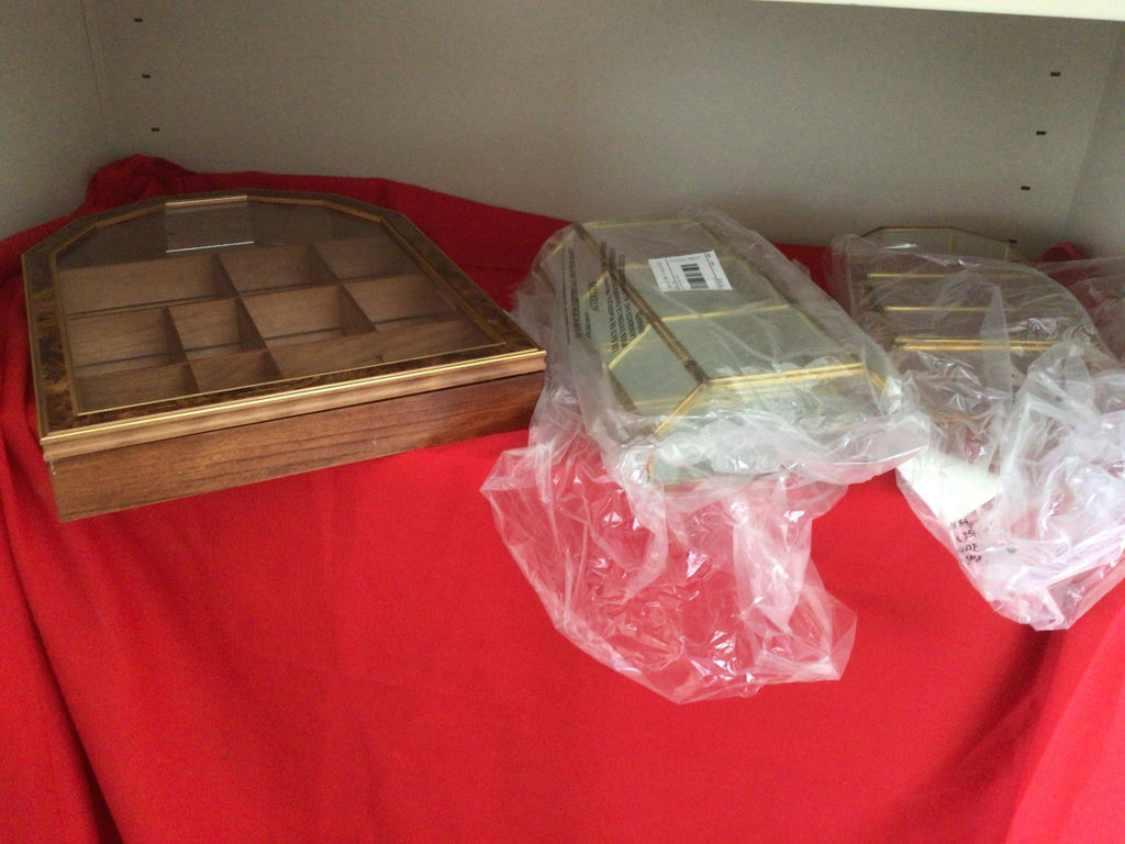 Brass-framed glass display cases with a wooden display box - image 3 of 4