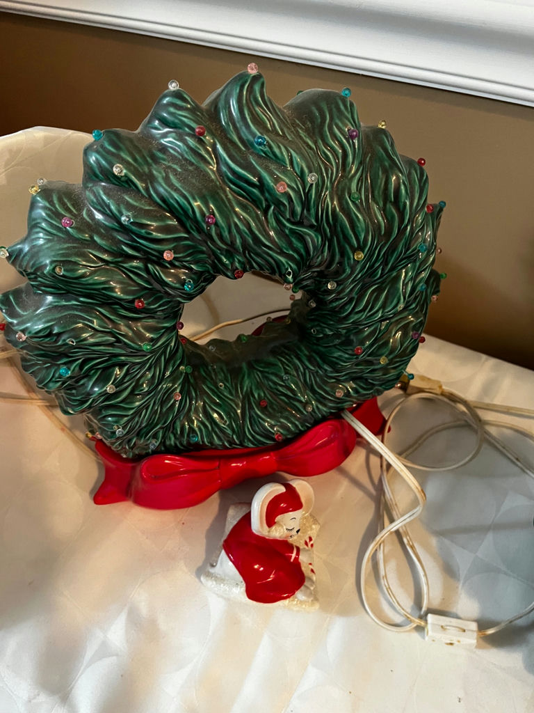 Green Ceramic Christmas Tree with Lights and Small Red-Clad Figurine - image 1 of 2