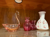 Pink glass swan dish with magenta vases and floral ceramic vase - thumbnail 1 of 2