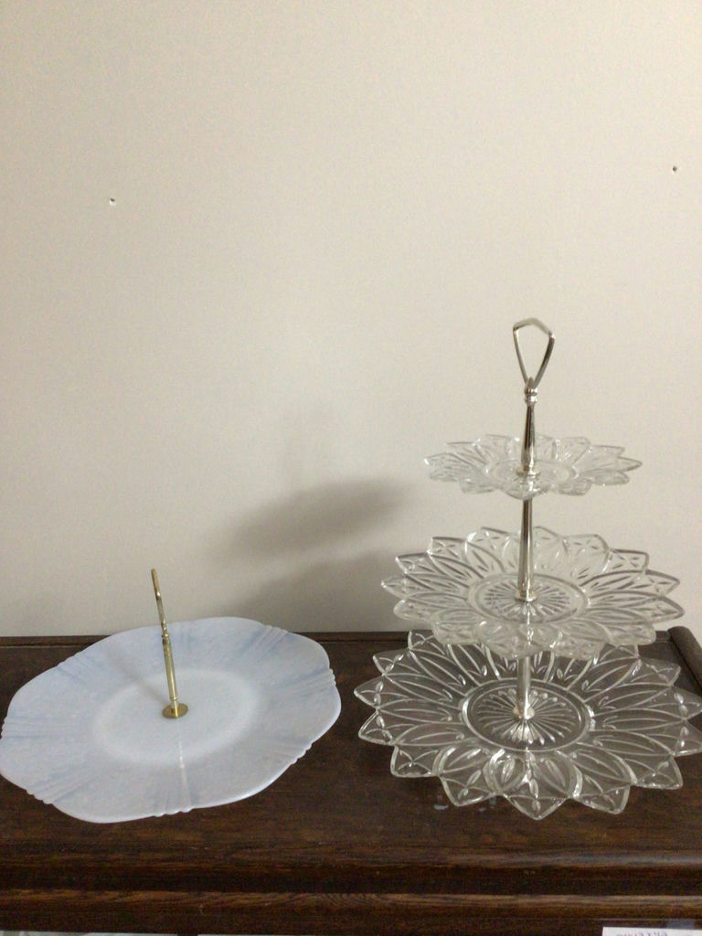 Three-tier glass cake stand with matching frosted plate - image 1 of 3