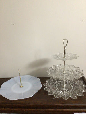 Three-tier glass cake stand with matching frosted plate - Image 1 of 3