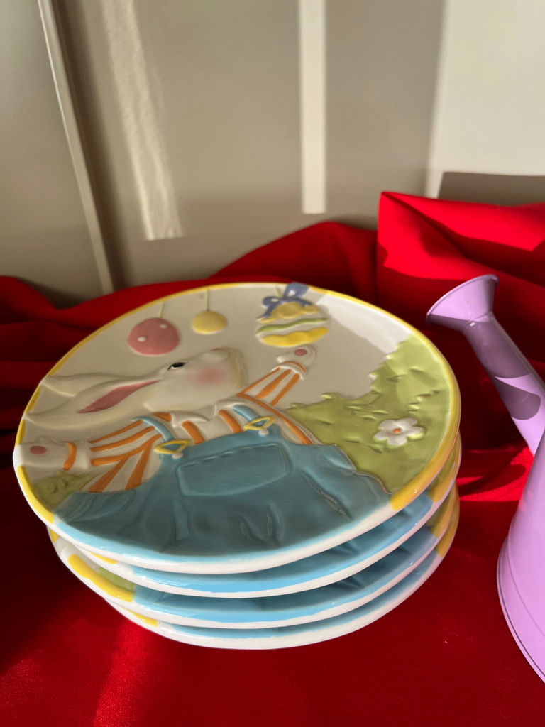 Colorful Spring dinnerware set with plates, bowls, ramekins, muffin cups and a metal pitcher - image 2 of 5