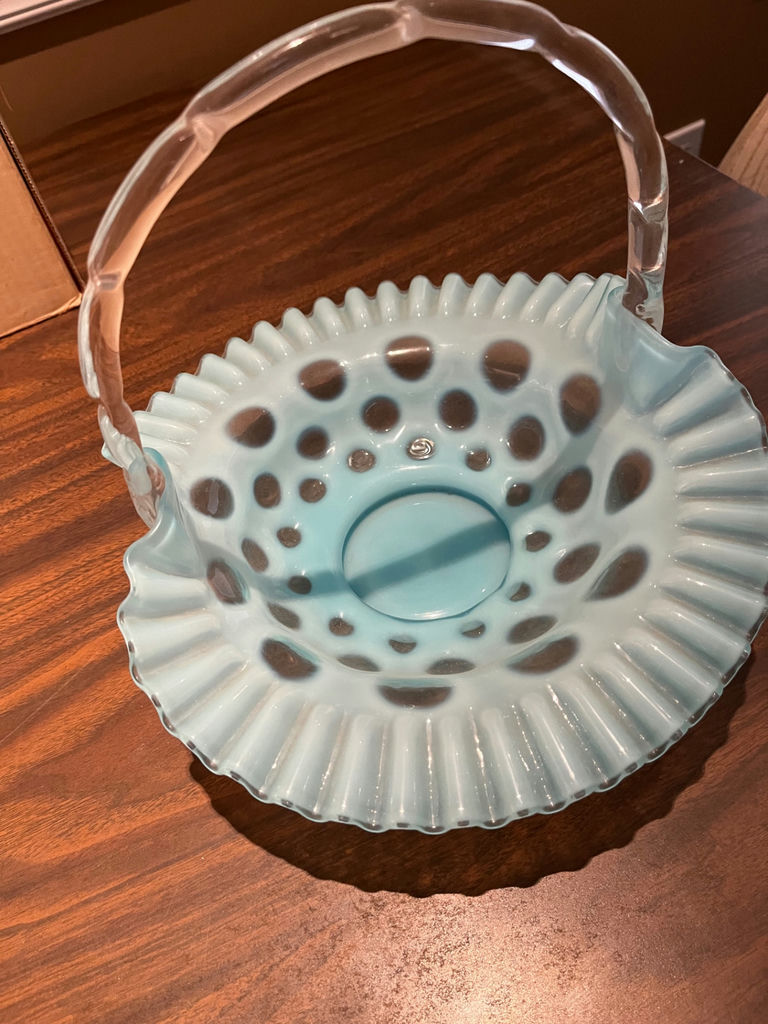 Blue glass perforated basket with handle - image 1 of 1
