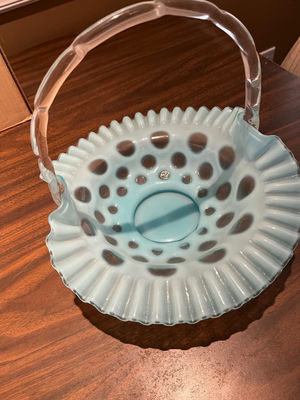 Blue glass perforated basket with handle - Image 1 of 1