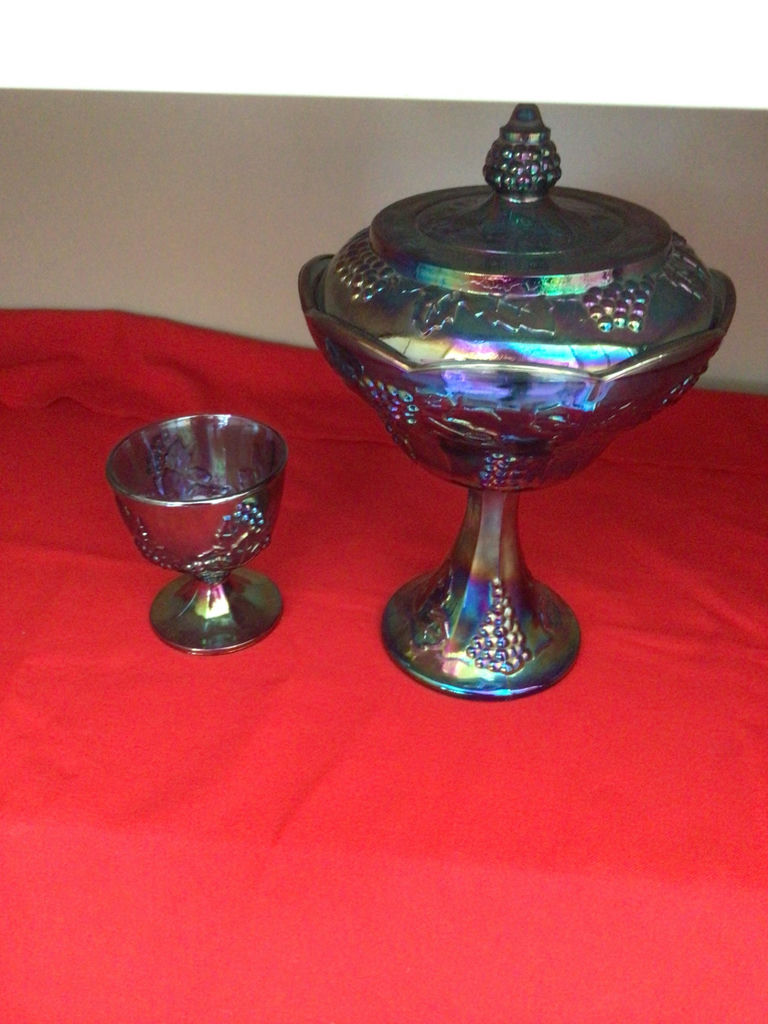 Iridescent glass compote with lid and matching goblet - image 1 of 2