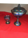 Iridescent glass compote with lid and matching goblet - thumbnail 1 of 2