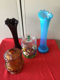 Colored glass vases and floral lidded jar - thumbnail 1 of 2