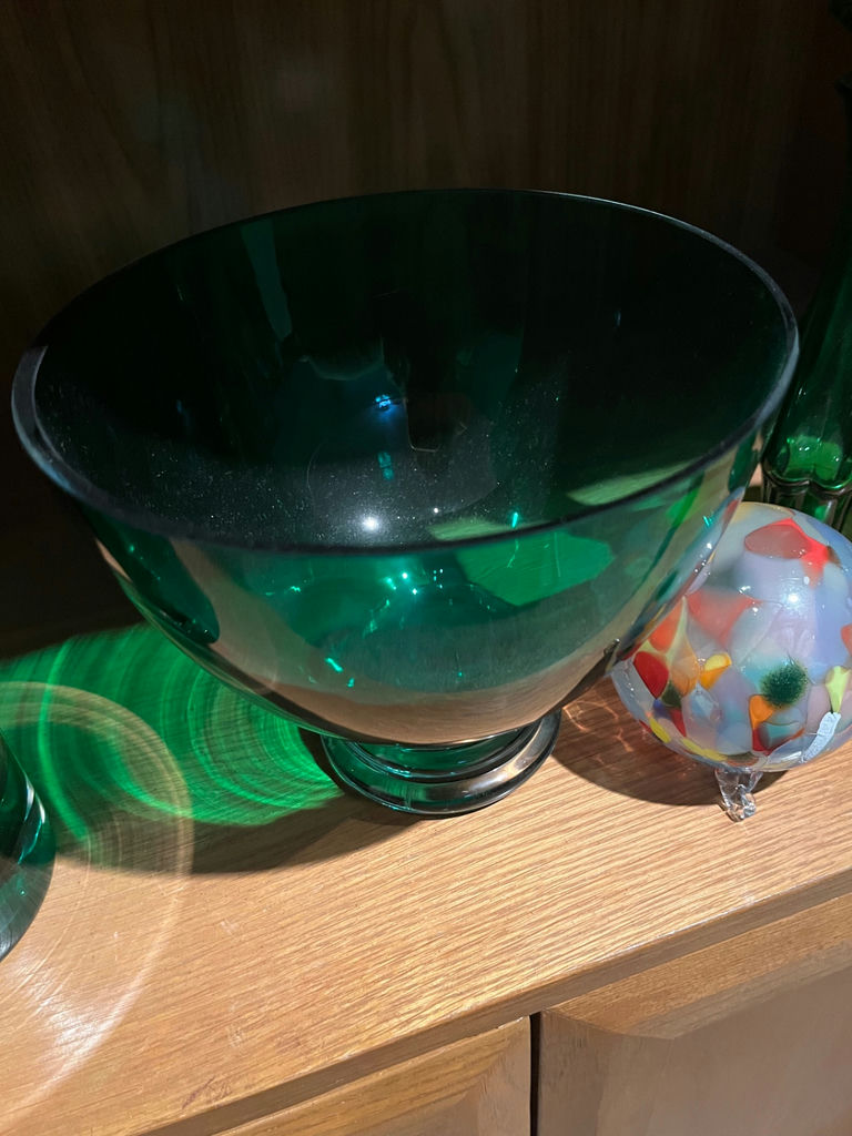 Green glass decor set with bowl, vases, and orb - image 2 of 3