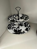 Two-tier serving stand with black-and-white damask plates and matching mugs, plus stack of decorative plates - thumbnail 2 of 3