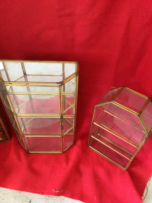 Brass-framed glass display cases with a wooden display box - Image 1 of 4