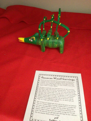 Green Oaxaca Alebrije wooden sculpture signed Feliciano Santiago - Image 1 of 2