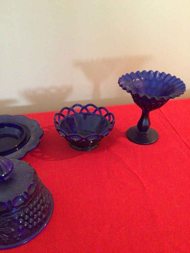 Cobalt blue glass lidded jar, openwork bowl, and stemmed compote - image 3 of 3