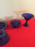 Cobalt blue glass lidded jar, openwork bowl, and stemmed compote - thumbnail 3 of 3