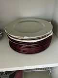 Two-tier serving stand with black-and-white damask plates and matching mugs, plus stack of decorative plates - thumbnail 1 of 3