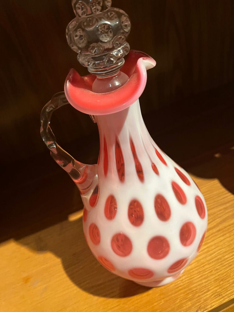 2 Vintage FentonCoin Dot Opalescent Glass Decanters with Stopper minimum bid $75 - image 1 of 2