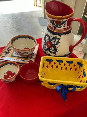 Hand-painted ceramic tableware with a yellow and blue woven basket - Image 1 of 1