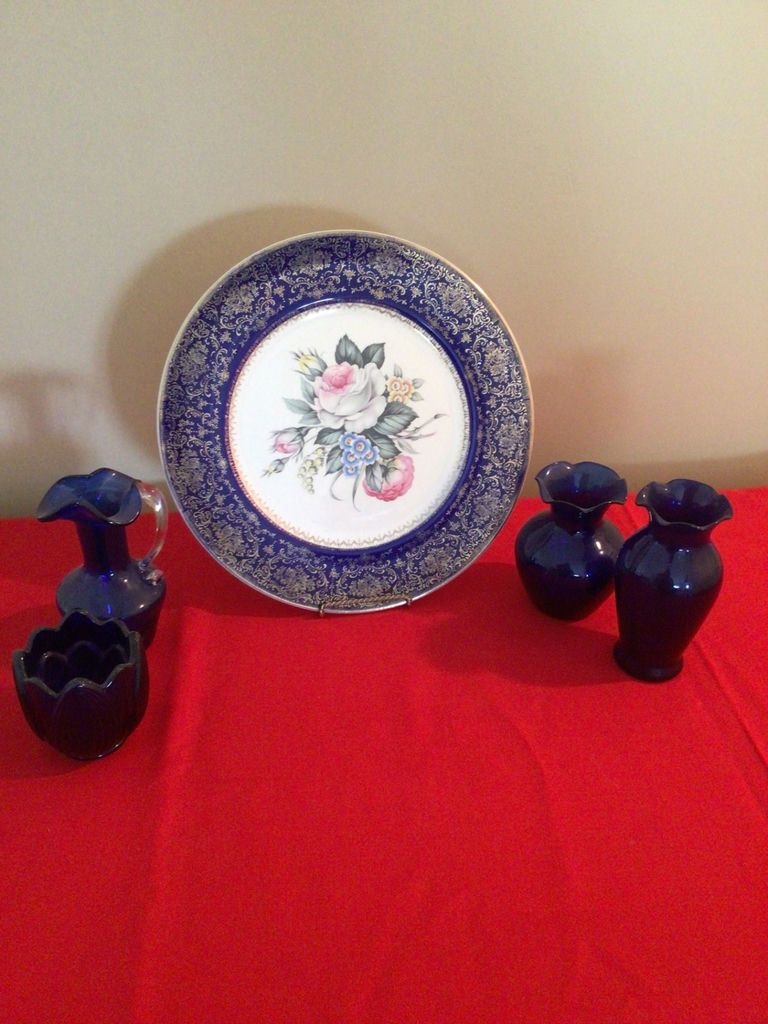 Blue and White Floral Plate with Cobalt Glassware - image 1 of 5
