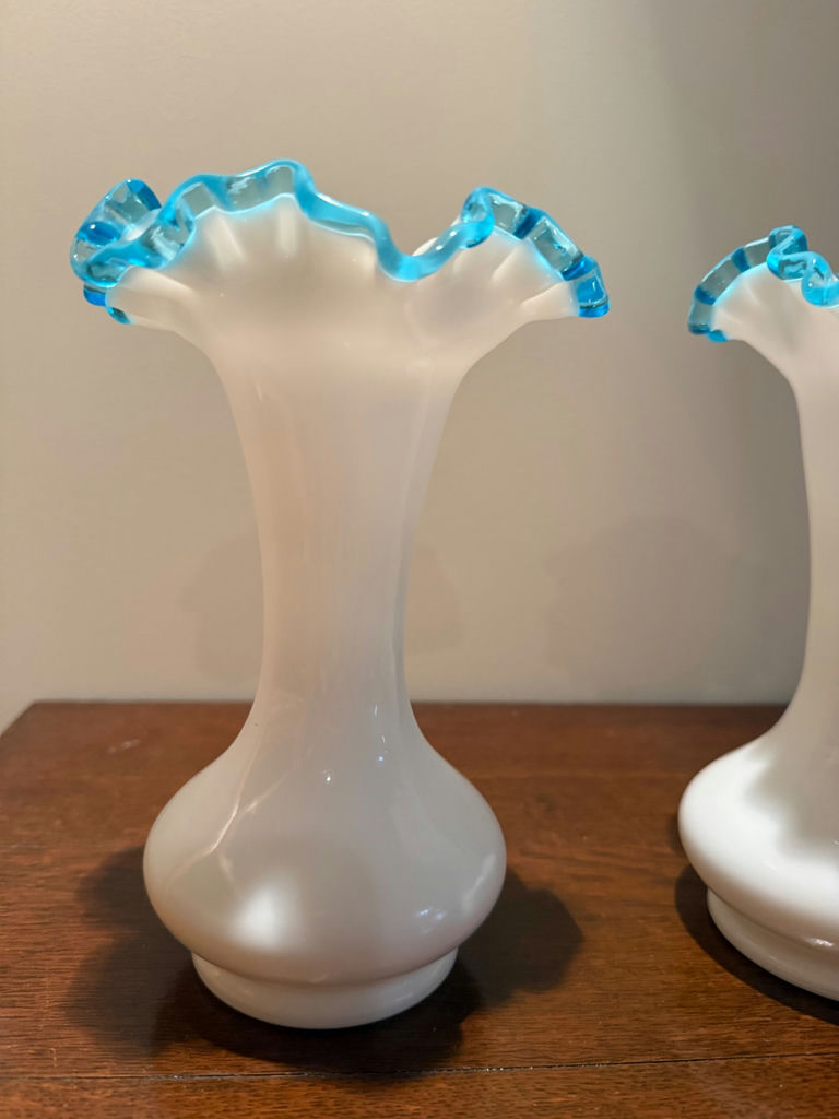 Pair of frosted white glass vases with blue ruffled rims - image 2 of 2