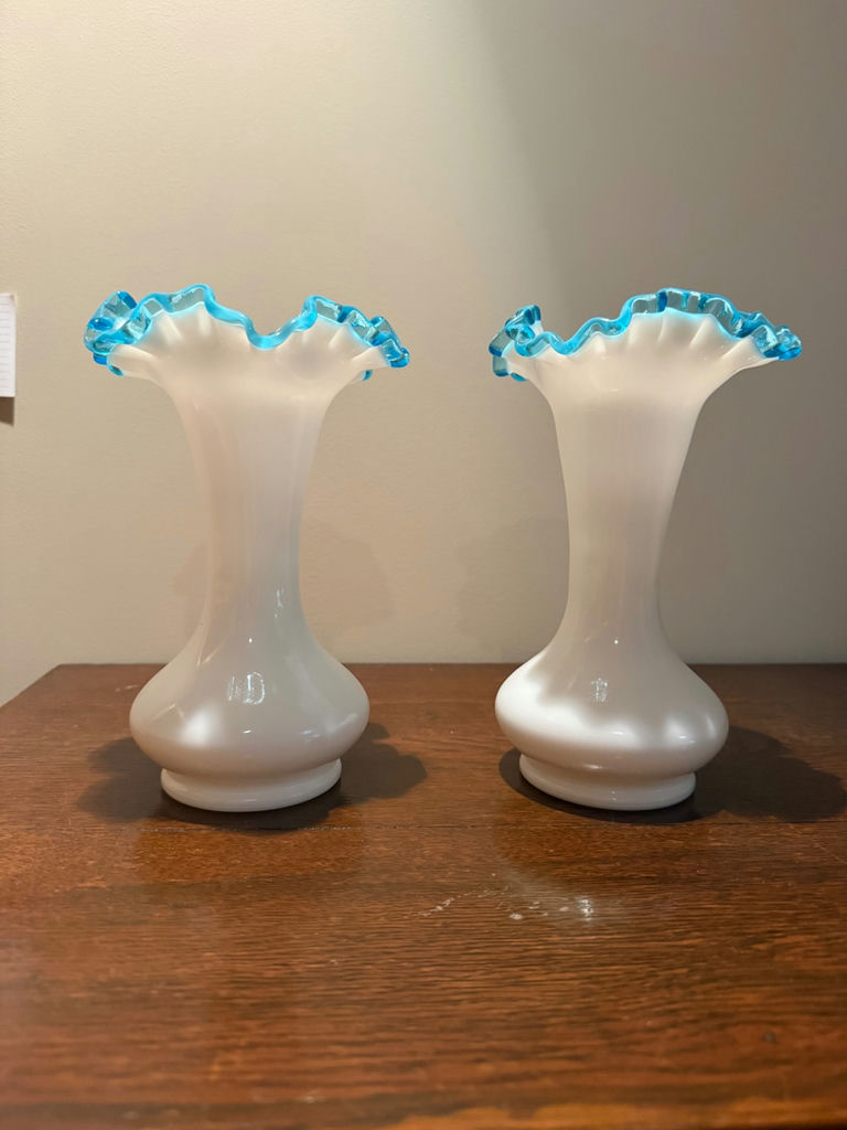 Pair of frosted white glass vases with blue ruffled rims - image 1 of 2