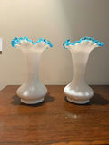 Pair of frosted white glass vases with blue ruffled rims - thumbnail 1 of 2