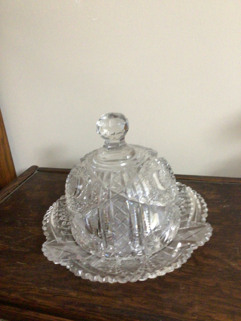 Crystal glass lidded dish with matching plate - image 1 of 2