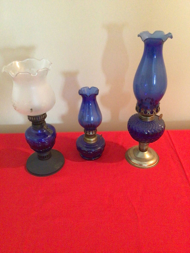 Three cobalt blue glass hurricane lamps (one with white frosted shade) - image 2 of 2