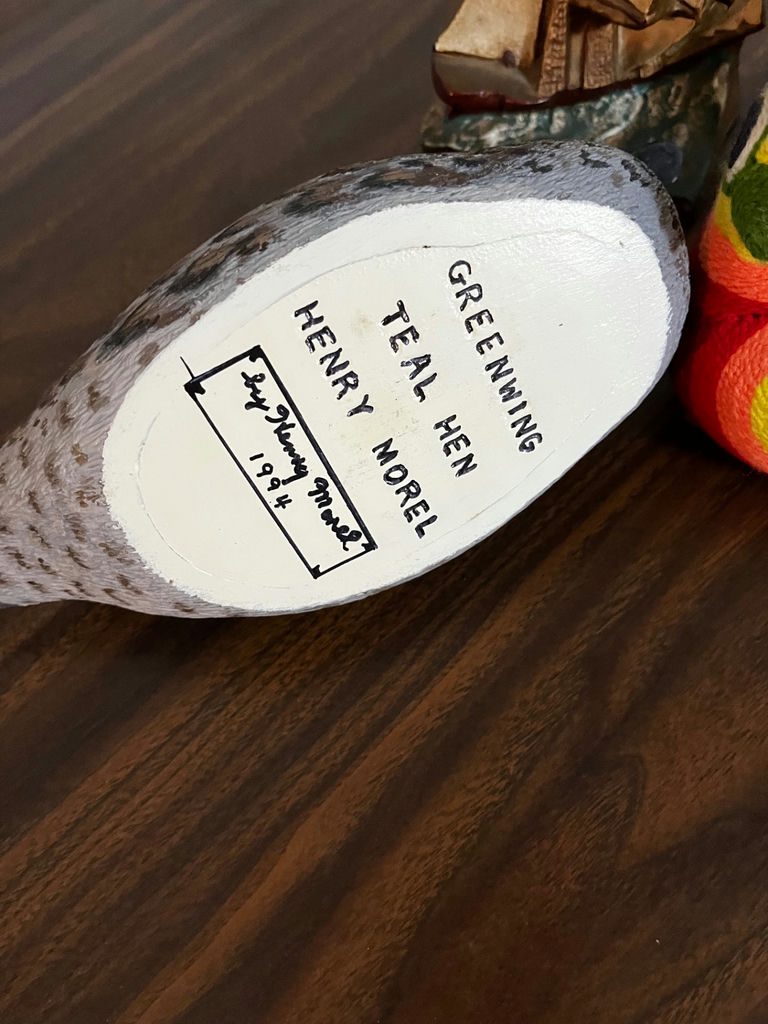 Duck decoy, knitted bird, ship sculptures, and wooden gavel - image 4 of 5