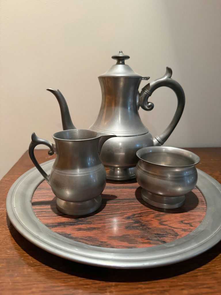 Pewter tea service with teapot, creamer, and sugar bowl - image 2 of 3
