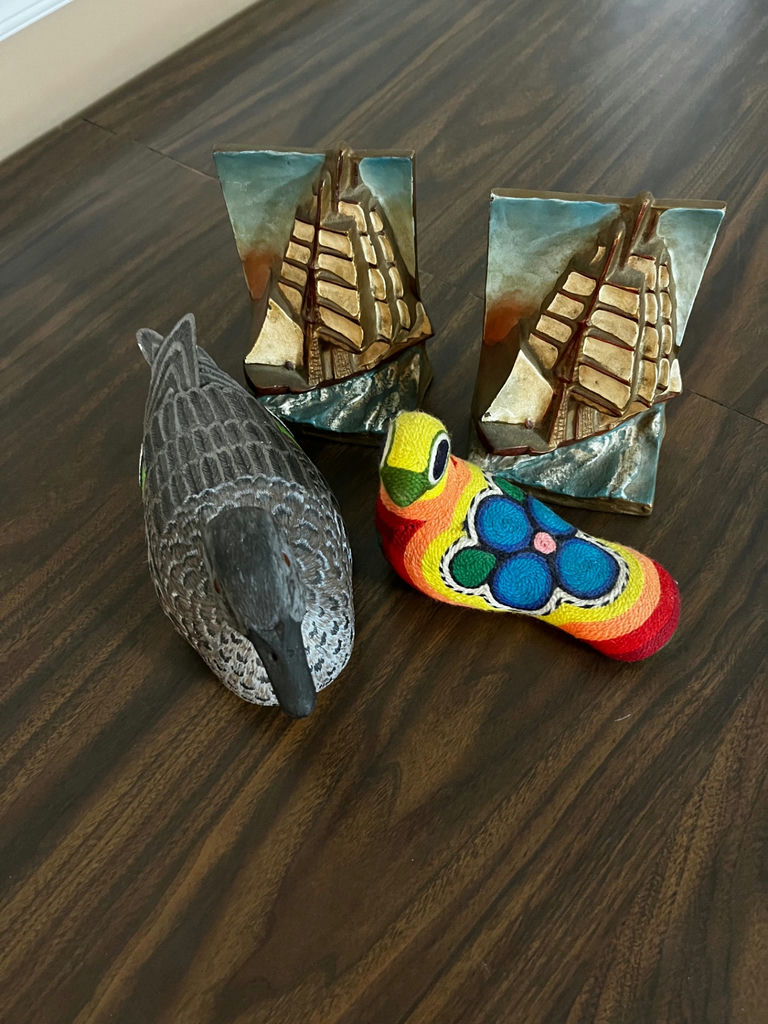 Duck decoy, knitted bird, ship sculptures, and wooden gavel - image 3 of 5