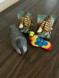Duck decoy, knitted bird, ship sculptures, and wooden gavel - thumbnail 3 of 5
